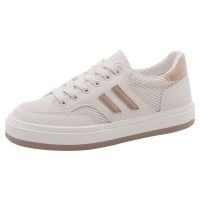 (New product) Womens all-match casual low-top sports leather panel shoes with thick-soled white shoes