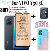 BLKNAIM (3-In-1) สำหรับ VIVO Y30 /Vivo Y30 5G ฟิล์มเซรามิคใสแบบเต็มหน้าจอ + ฟิล์มป้องกันกล้อง + 3D คาร์บอนไฟเบอร์มาสก์หน้าด้านหลัง