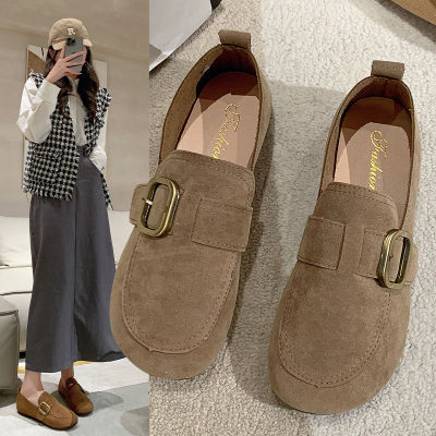 Boken shoes, flat bottomed bean shoes, womens new autumn 2023 Sen series round toe flat bottomed belt buckle Lefu shoes