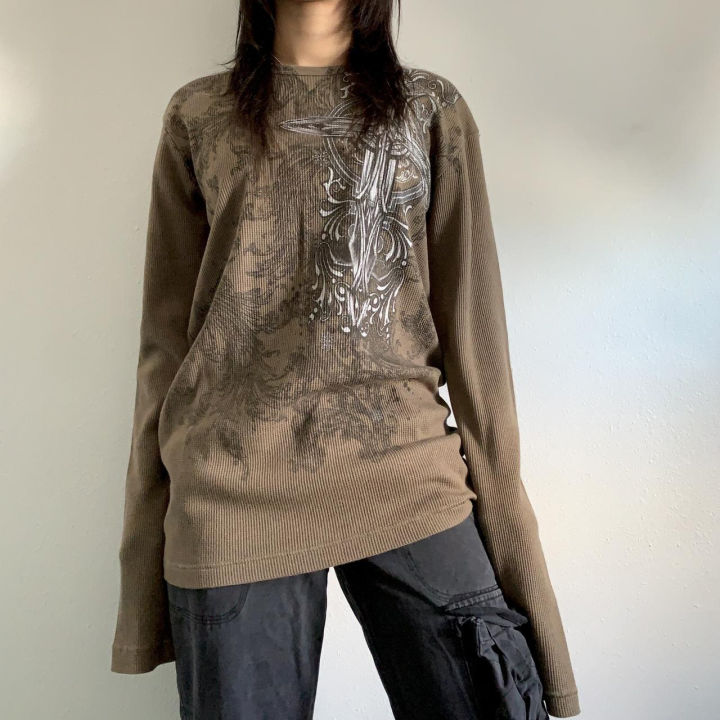 เสื้อแนววินเทจของผู้หญิงเสื้อแนวกรันจ์พิมพ์ลายขวางคอกลมแขนยาวแนวสตรีทเสื้อยืดแบบหลวม