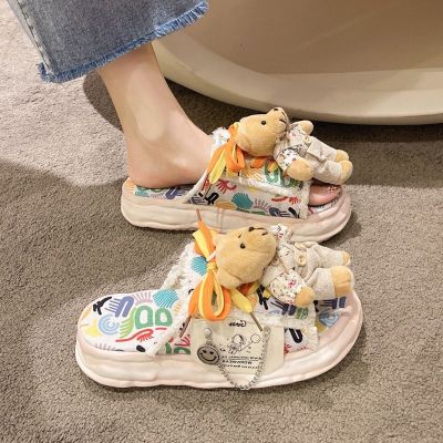 【July】 Slippers Womens Outer Wear 2023 New Personality Graffiti Fashion One-word Canvas