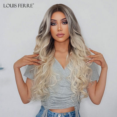 LOUIS FERRE Synthetic Ombre Bloden Curly Wigs for WhiteBlack Women Heat Resistant Cosplay Fake Hair Middle Parted Long Wavy Wig
