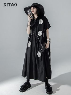 XITAO Black Shirt Dress Fashion Three-dimensional Flower Decoration Irregular Dress