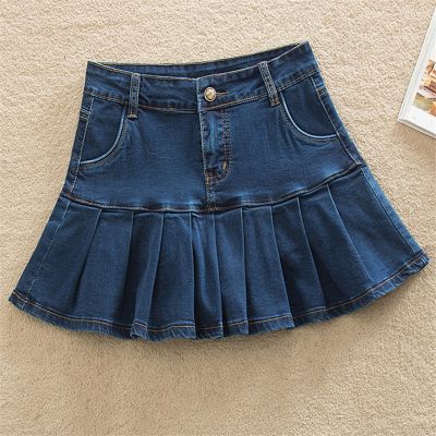 【CC】❅✎  Denim Skirt with 6XL 8XL Jeans Woman Waist Bottom Female Pleated Short Jurken