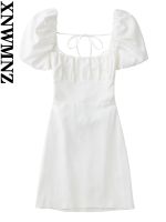 【CW】☑✷☁  XNWMNZ women white fashion linen blend dress female square neck short puff sleeves backless crossover straps for womens