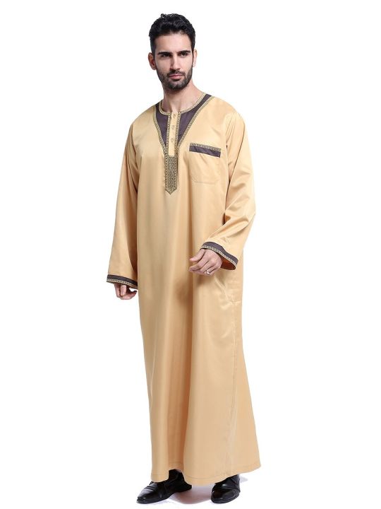 ชุดเดรสยาวสำหรับผู้ชาย-ชุดเดรสมุสลิมมุสลิมสไตล์ซาอุดิอาระเบียความยาวทรงหลวมคอกลม