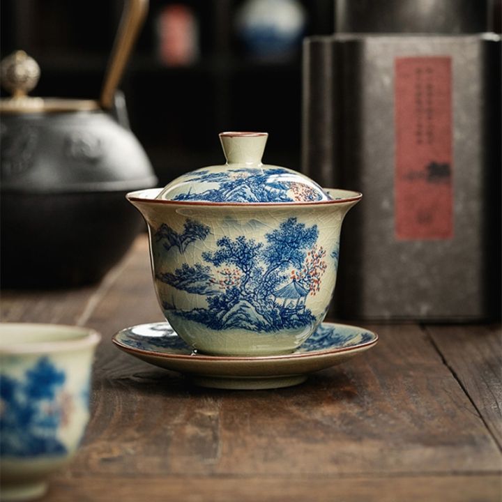 ชุดถ้วยน้ำชาเซรามิกสำหรับถ้วยน้ำชาถ้วยชาถ้วยน้ำชาสีน้ำเงินวินเทจชุดถ้วยชาจีน