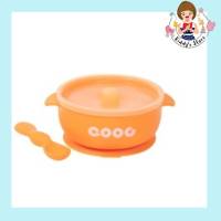 Qooc Bowl Suction ชามซิลิโคน ดูดโต๊ะ พร้อมช้อน สีส้ม