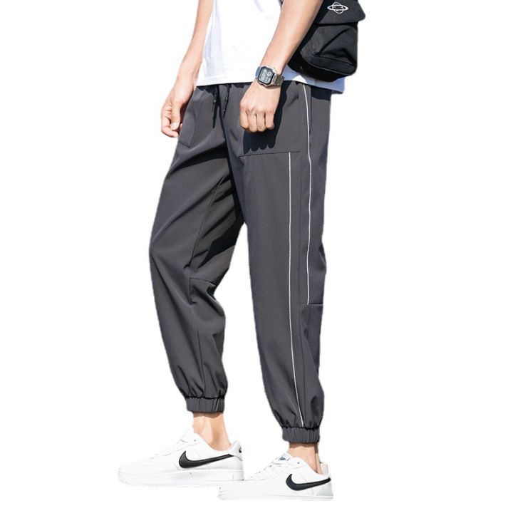 กางเกงลำลองผ้าไอซ์ซิลค์บางสำหรับผู้ชาย-กางเกงครอปกางเกงกีฬาแห้งเร็วทรงหลวมเลกกิ้งกางเกงนักเรียนฤดูร้อน