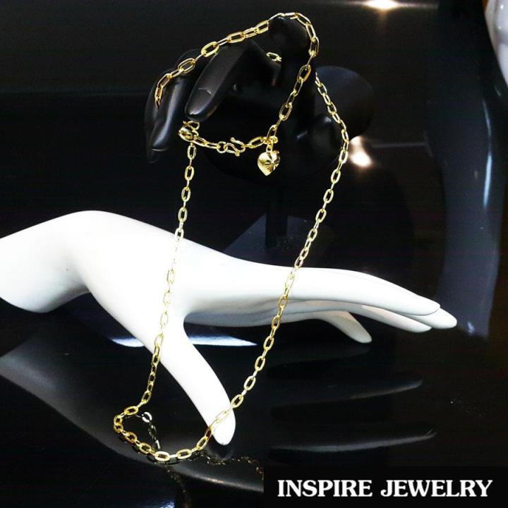 inspire-jewelry-สร้อยคอลายโซ่ห้อยหัวใจตอกลาย-มาพร้อมสร้อยข้อมือลายโซ่ห้อยหัวใจทองตอกลาย-ตามแบบร้านทอง