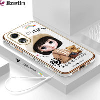 Jizetin OPPO A58 4G ฟรีสายคล้อง + การ์ตูนสาวน่ารักขอบสี่เหลี่ยมลายการ์ตูนชุบเคสโทรศัพท์ชุบหรูหราชุบเคสโทรศัพท์นิ่ม