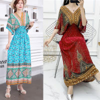 Ethnic Style V-neck Cotton Silk Short Sleeve French Floral Dress Womens Summer Printed Pastoral Style Dress for Vacation