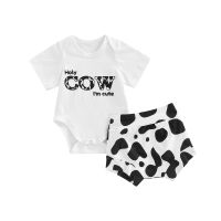 2022-03-08 Lioraitiin 0-24M Infant Baby Girl 2Pcs Summer Set Short Sleeve Letter Cow Printed Bodysuit Elastic Waist Shorts  by Hs2023