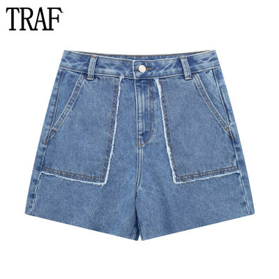 TRAF 2023กางเกงขาสั้นผ้ายีนส์สำหรับผู้หญิงสีฟ้าเอวสูงกางเกงขาสั้นผู้หญิงเป็นฝอยฤดูร้อนกางเกงขาสั้นผู้หญิง Y2K Streetwear กางเกงยีนส์กางเกงขาสั้นผู้หญิง...