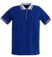 BROWNE &amp; CO. เสื้อโปโล คอตตอน สีCobalt Blue  คอ แขน ตัดต่อผ้าทอ แต่งซิปสีเงิน รุ่น LPT009-1-BU