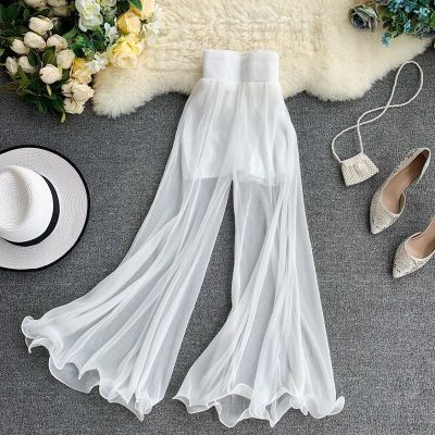 New Womens Summer Wide-Leg Pants Ruffled Fishtail Flared Pants Elastic Waist Pleated Western Style All-Matching Air Conditioning Pants Trousers
