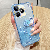 เคสโทรศัพท์กุหลาบนิรันดร์ไล่ระดับสีสุดหรูสำหรับ Realme C51 C53 C55 C33ของ NFC C31 C35 Realmec51 C25S C25 C21Y ที่มีลวดลายดอกไม้แวววาวแหวนใส่นิ้ว Electroplated Siliocne C30 C30S C53เคส NFC คลุมกันกระแทก