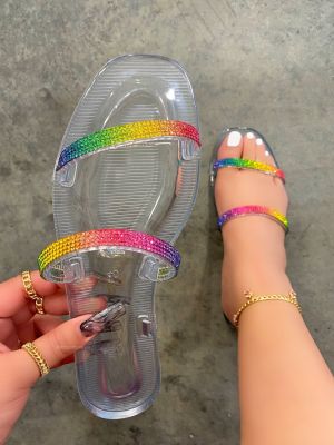 New Rainbow Strap Transparent Cover Flat Female Beach Sandals y Outdoor Flip Flop Summer Rhineston Sandals Shoes Ladies Party