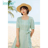 INMAN Summer Beach Dress Women Pastoral Holiday Fresh Style Bow-Knot Belt Jacquard Square Collar Short Puff Sleeve One-Piece