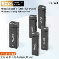 BOYA BY-W4 2.4GHz ระบบไมโครโฟนไร้สายสี่ช่อง4คนแบบคลิปบนไมโครโฟนสำหรับกล้อง DSLR สมาร์ทโฟนบันทึกวิดีโอสัมภาษณ์การสตรีมมิ่ง YouTube (4เครื่องส่งสัญญาณและตัวรับ1ตัว)