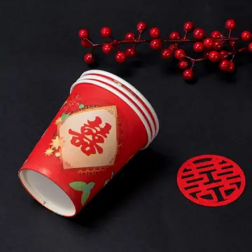 100pc Disposable Chinese Red Wedding Supplies Decor Banquet Paper Cups Wood  Pulp