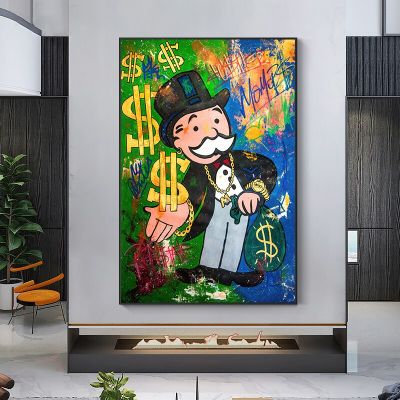 Graffiti Street Art Mr Monopoly ผ้าใบโปสเตอร์และพิมพ์เงิน Pop Wall Art รูปภาพ Cuadros สำหรับห้องนั่งเล่นตกแต่งบ้าน New