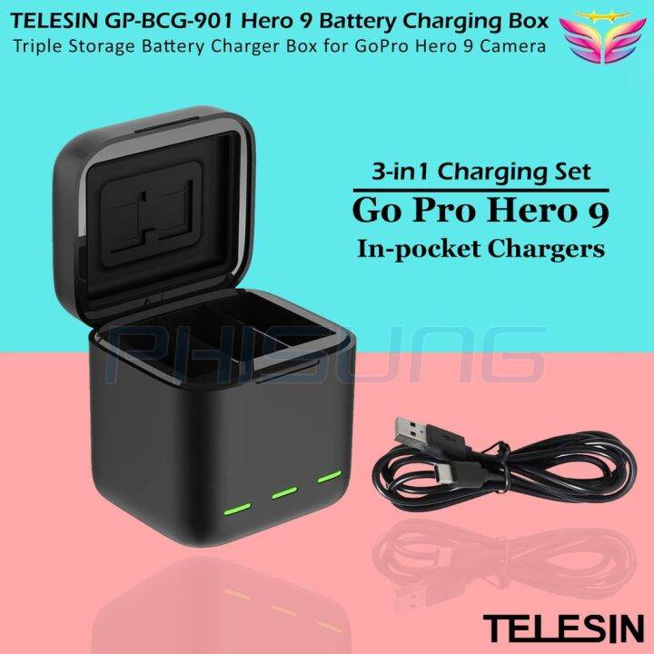 TELESIN Go Pro Hero 9 Triple Storage Battery Charger Box for GoPro Hero