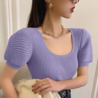 【COD &amp; Ready stock】Womens Korean Top Square Collar Short Sleeve Knitted Slim Pullover T-Shirt Tops Crop top