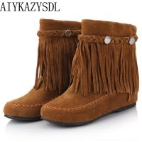 【CW】 AIYKAZYSDL Bohemian gypsy boho ethnic national women tassel fringe Faux suede leather ankle boots woman girl flat shoes booties