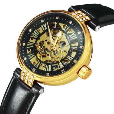 FORSINING Elegant Automatic Ladies Watch for Women Fashion Diamond Black Gold Skeleton Luxury Mechanical Watches Leather Strap