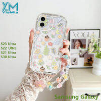 YiaMia เคสโทรศัพท์สำหรับหญิงสาวน่ารักแท้แฟชั่นสำหรับ Samsung Galaxy S23 S21พิเศษ S30พิเศษดอกไม้พิเศษและพืชสร้างสรรค์ฝาหลังโปร่งแสง TPU ขอบคลื่น3D ที่มีสายรัดข้อมือ