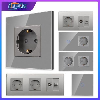 Bingoelec Grey CAT6 Rj45 Socket Light Touch Switch and Socket with Crystal Glass Panel Home Improvement