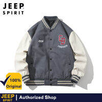 JEEP SPIRIT เสื้อคอปกเบสบอลผ้าฝ้ายฤดูใบไม้ผลิและฤดูใบไม้ร่วงเสื้อแจ็คเก็ตบอมเบอร์แจ็คเก็ตปักลายหลวมลำลองยอดนิยมของผู้ชาย