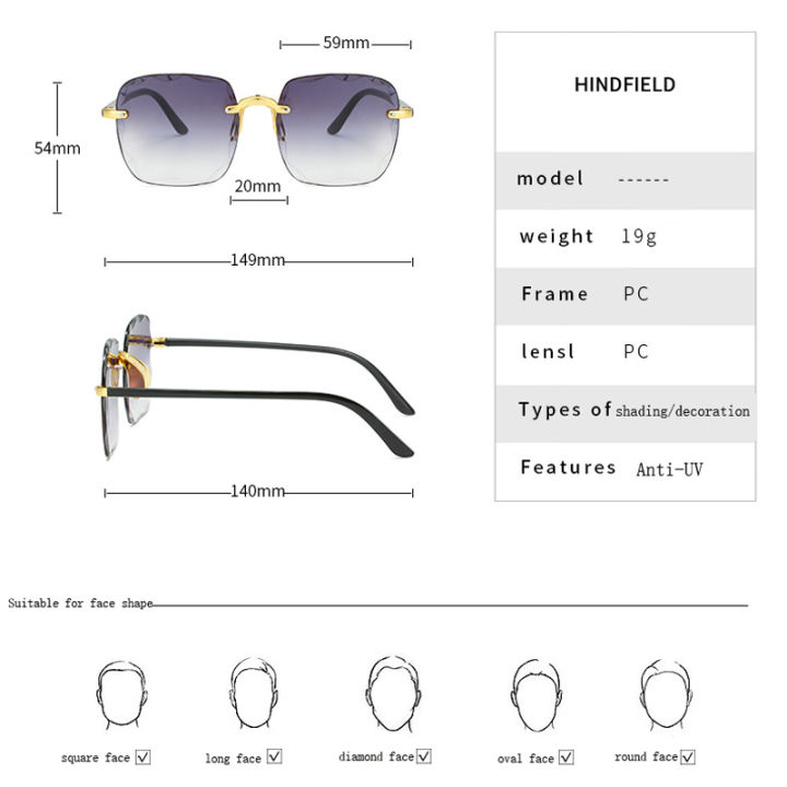 แว่นกันแดดกรอบสี่เหลี่ยมแบบดั้งเดิมสำหรับผู้หญิง-แว่นกันรังสีแว่นกันแดดแบบไม่มีกรอบแฟชั่นสีไล่ระดับแบรนด์สำหรับผู้หญิงปี-uv400