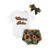 FOCUSNORM 3pcs Newborn Baby Girls Clothes Sets 0-24M Babe Letter Printed Short Sleeve Romper Sunflowers Shorts Headband  by Hs2023