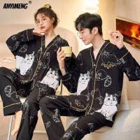 New Autumn Winter Fashion Couples Pajamas Kimono Nightwear Cat Printed Homewear Ins Style Elegant Cardigan Loose Size Pijamas