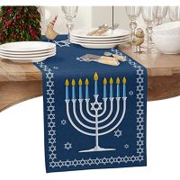 นักวิ่งโต๊ะผ้าลินิน Hanukkah Menorah ดาวของ David Table Runner Je Chanukah เทศกาลนักวิ่งโต๊ะตกแต่ง