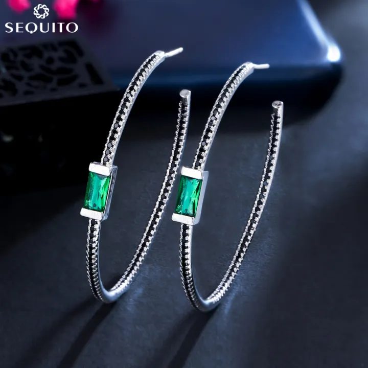 sequito-สุภาพสตรีแฟชั่นเครื่องประดับหูห่วงไมโครสีดำ-cubic-z-irconia-ปูเจ้าหญิงหินสีเขียวขนาดใหญ่ห้อยต่างหูด้วยเงิน925หู-pins-สำหรับสวมใส่ในชีวิตประจำวัน-se590