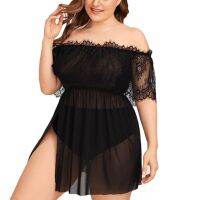 READY STOCKRWomen Plus Size Lace Sheer Mesh Lingerie Off-Shoulder Nightdress y pajamas XL-4XL [PO-159]