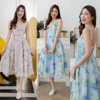 PD136 Floral Midi Dress เดรสผ้าออแกนดี้ลายดอกไม้ แขนกุด เว้าหลังต่ำ กระโปรงบาน