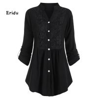 EHOffice Lady Solid Color V Neck Lace Stitching Buttons Down Plus Size Shirt Top