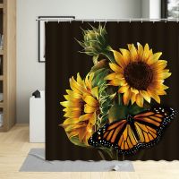 Spring Floral Plant Butterfly Bathroom Decor Flower Sunflower Black Background Shower Curtain Waterproof Bath Curtains With Hook