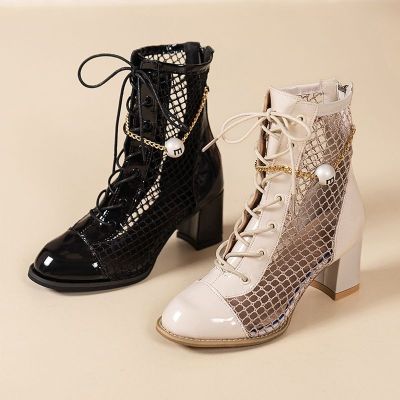 ขายดีที่สุด ioztt2023 - /❐ Mesh Female Breathable Thick with Hollow Patent Leather Short Fashion Heel