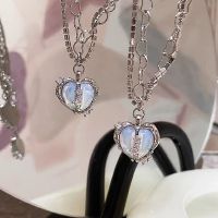 Korea Fashion Split Heart Pendant Necklace Opal Metal Silver Color Pearl Multi layered For Women Trendy Elegant Jewelry Gift