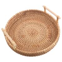 Rattan Bread Basket Round Woven Tea Tray With Handles For Serving Dinner Parties Coffee Breakfast (8.7 Inches)