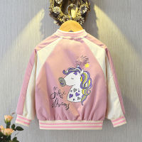 Autumn Kids Girls Windbreaker Unicorn Casual Loose Jackets Cartoon Long Sleeve Hooded Blue Jackets for Girl Child Outerwear 2-7Y