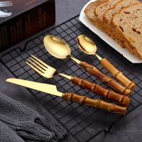 20/24PCS Bamboo Handle Stainless Steel Tableware With Steak Knives Flatware Knive Set Dessert Spoon Fork With Beautiful Gift Box