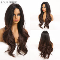 LOUIS FERRE Ombre Black Brown Cosplay Synthetic Wigs Long Middle Part Wavy Natural Hair Wig For Black Woman Afro Heat Resistant