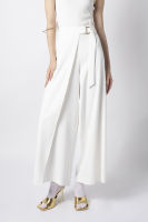 f.fashion กางเกงทรงขากว้างแต่งหัวเข็มขัด ผู้หญิง สีขาว | Wide Leg Trousers with Belt Buckle Decor | 06111