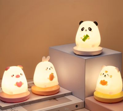 【CC】 night lights for Children bedroom cute animal pig rabbit Silicone Sensor Dimmable child Rechargeable